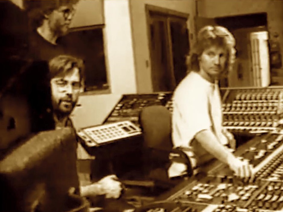 Mark Heard with co-producers Jim Scott and Dan Russell during the Satellite Sky sessions, Los Angeles, 1991.